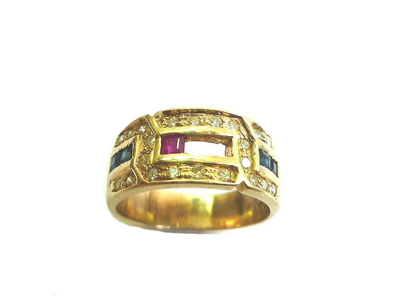 9CT GOLD, RUBY, SAPPHIRE AND DIAMOND SET RING (1)